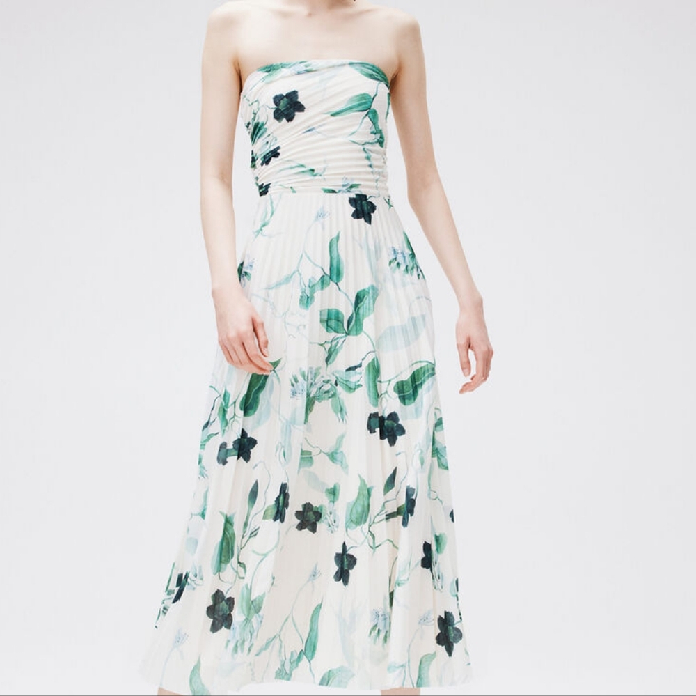 H&M Bandeau dress- pleated bandeau dress floral ecru green sz S, M,L BNWT